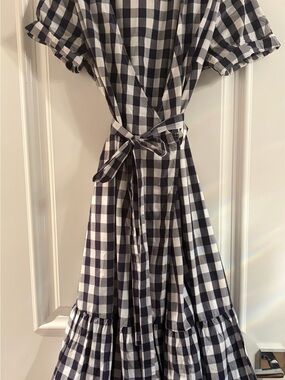 GAP Black and White Gingham Midi Wrap Dress with Tie Waist